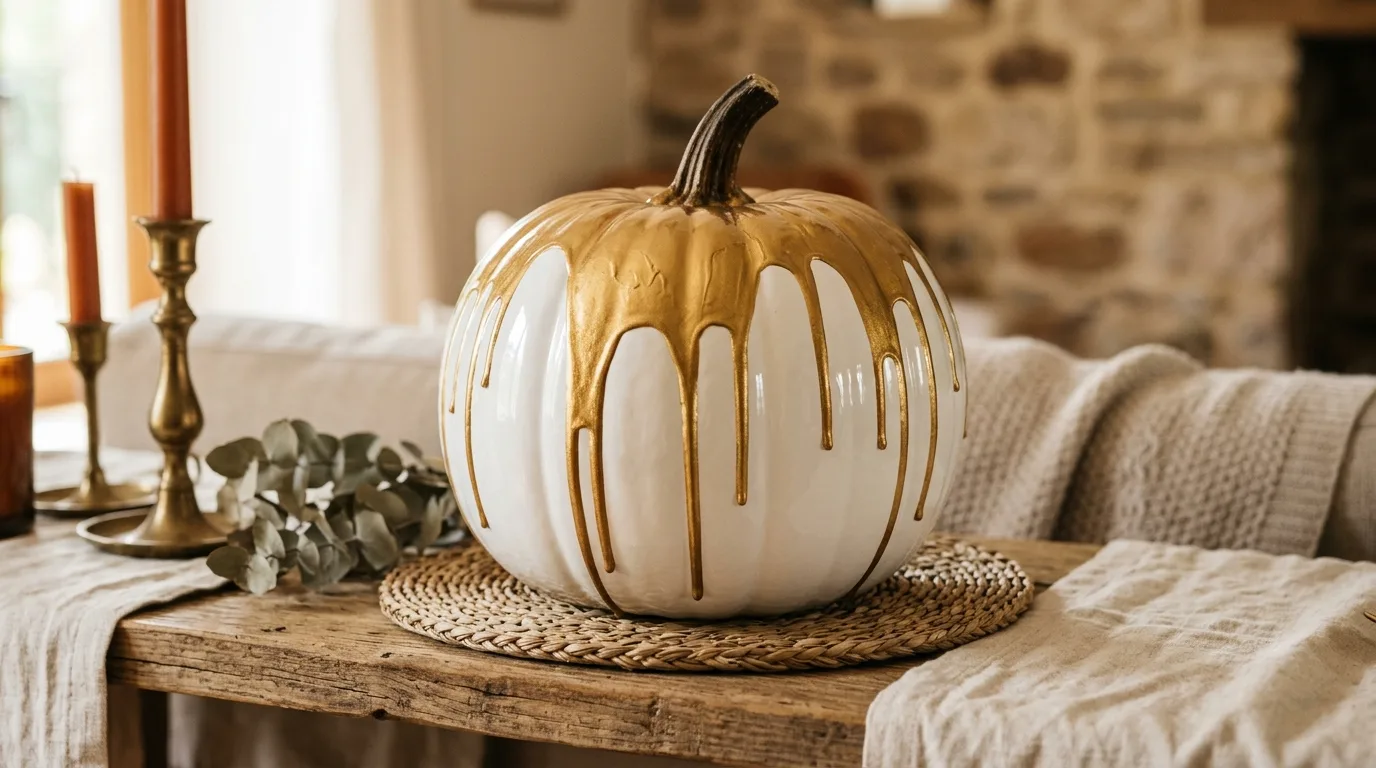 Use gold drip or splatter effects for 12 Easy Pumpkin Painting Ideas for Cute No-Carve Halloween Decor