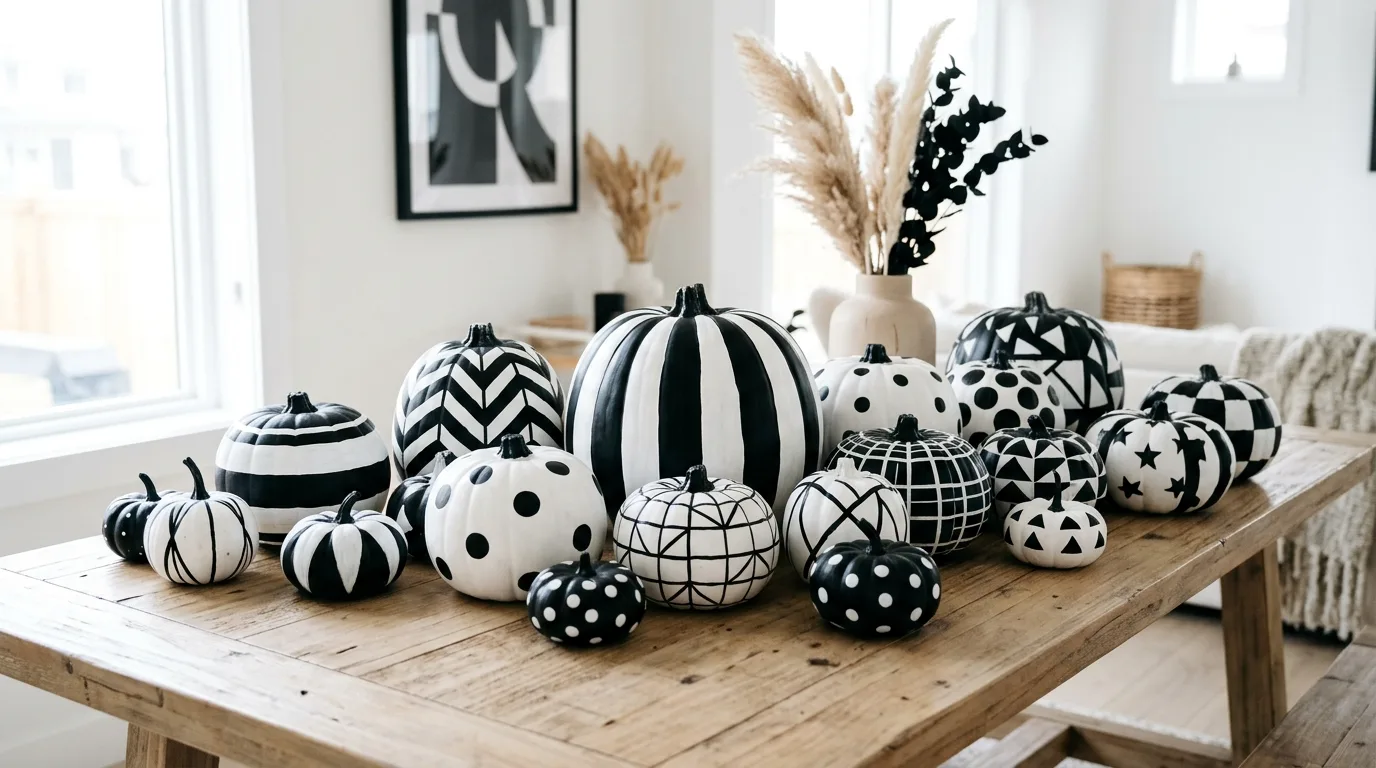 Keep the display cohesive for 12 Easy Pumpkin Painting Ideas for Cute No-Carve Halloween Decor
