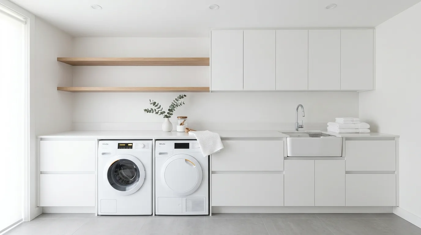 Add a countertop over front-load machines for 11 Efficient Small Laundry Room Ideas for Tight Spaces