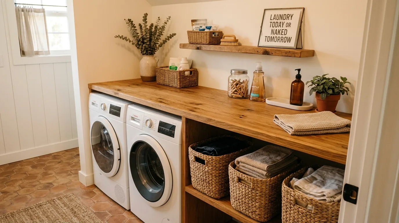 Use wall shelves for the everyday supplies for 11 Efficient Small Laundry Room Ideas for Tight Spaces