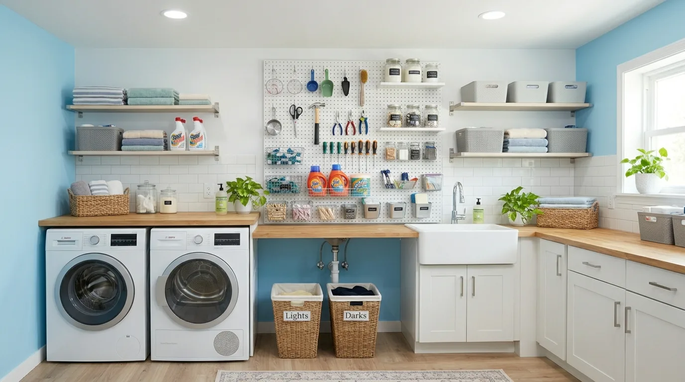 Use vertical bins or stacked baskets for 11 Efficient Small Laundry Room Ideas for Organizing Supplies