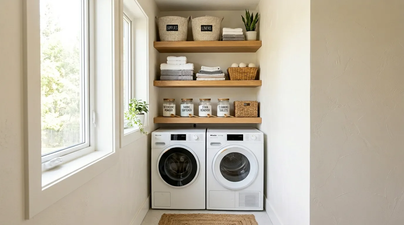 Store detergents in labeled containers for 11 Efficient Small Laundry Room Ideas for Organizing Supplies