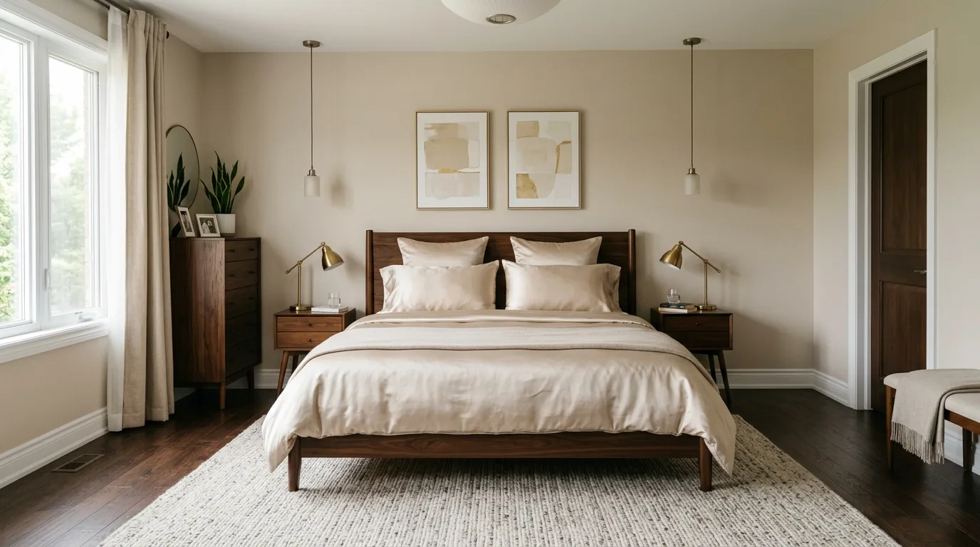 Use dark wood to anchor soft bedding for 14 Elegant Woman Bedroom Ideas for a Sophisticated Sanctuary