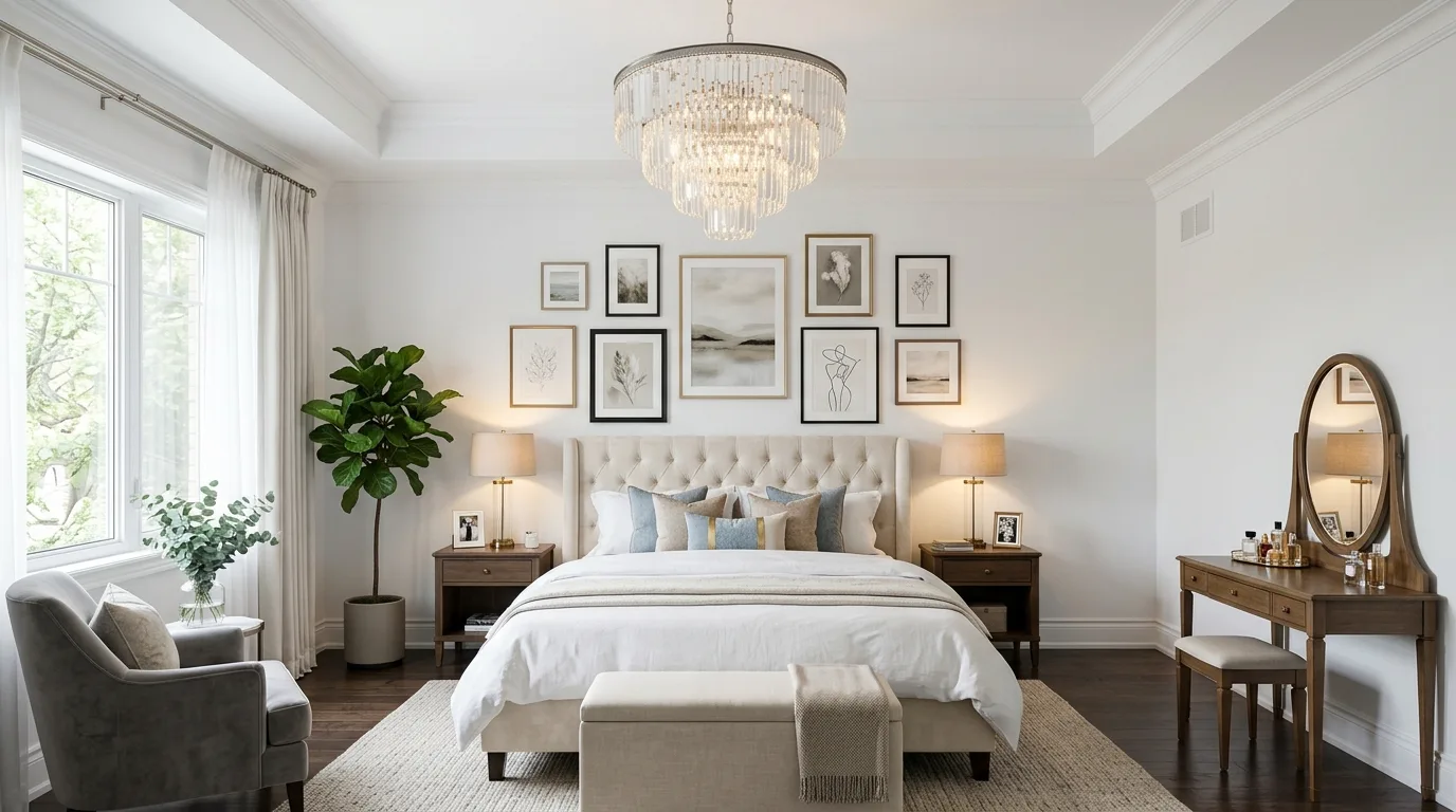 Use one statement light fixture for 14 Elegant Woman Bedroom Ideas for a Sophisticated Sanctuary