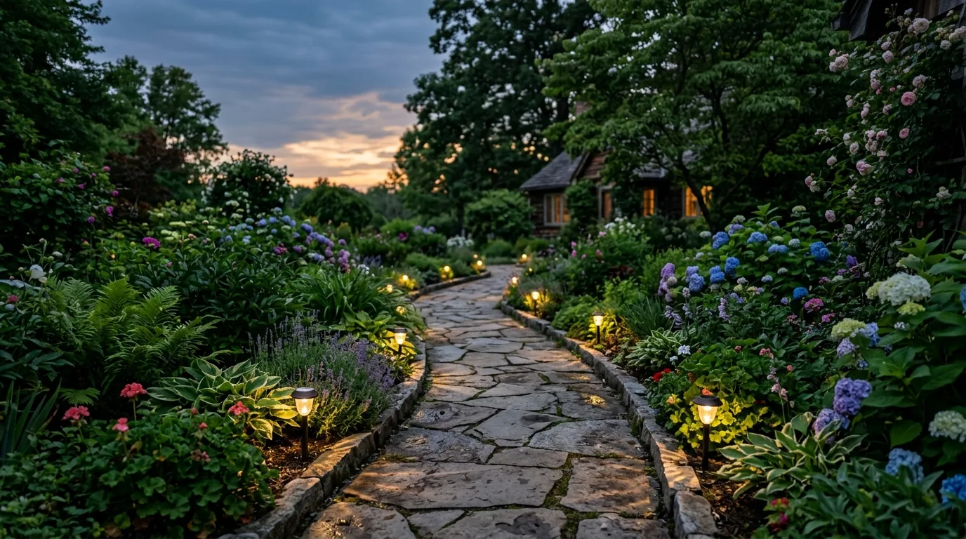 Line walkways with low path lights for 14 Enchanting Garden Lighting Ideas to Extend Evenings Outdoors