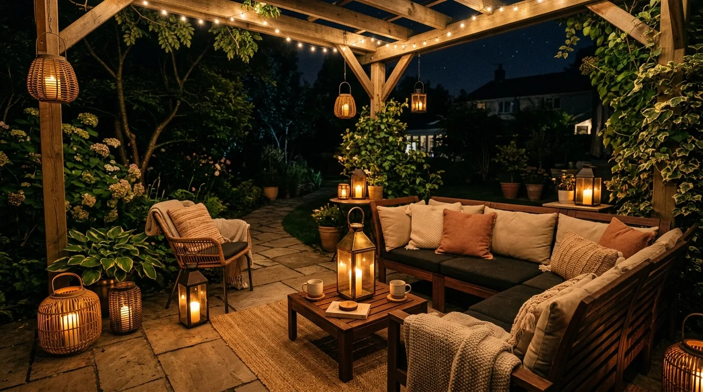 Use lanterns around seating areas for 14 Enchanting Garden Lighting Ideas to Extend Evenings Outdoors