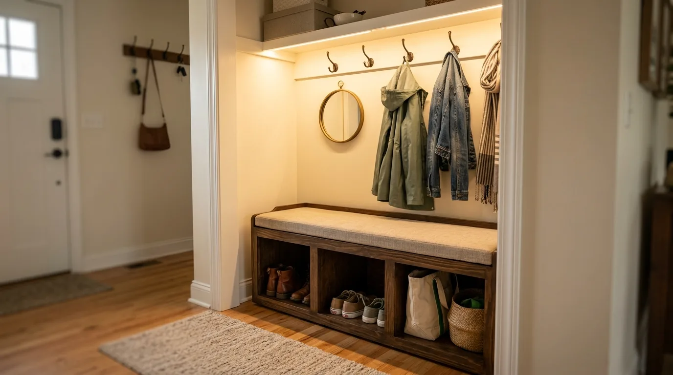 Include a storage bench if space allows for 13 Organized Entryway Closet Ideas for a Clutter-Free Home