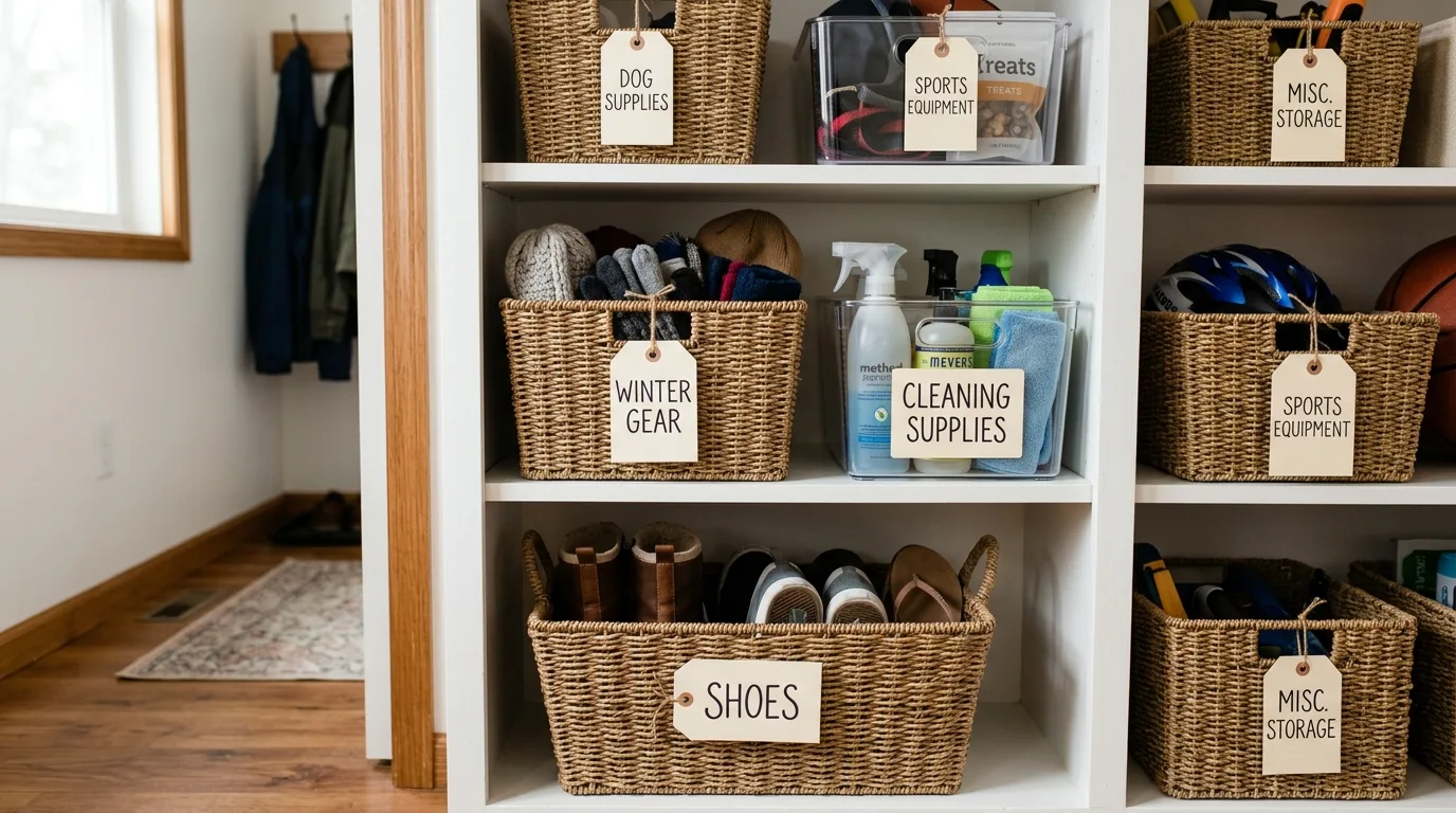 Label the bins clearly for 13 Organized Entryway Closet Ideas for a Clutter-Free Home