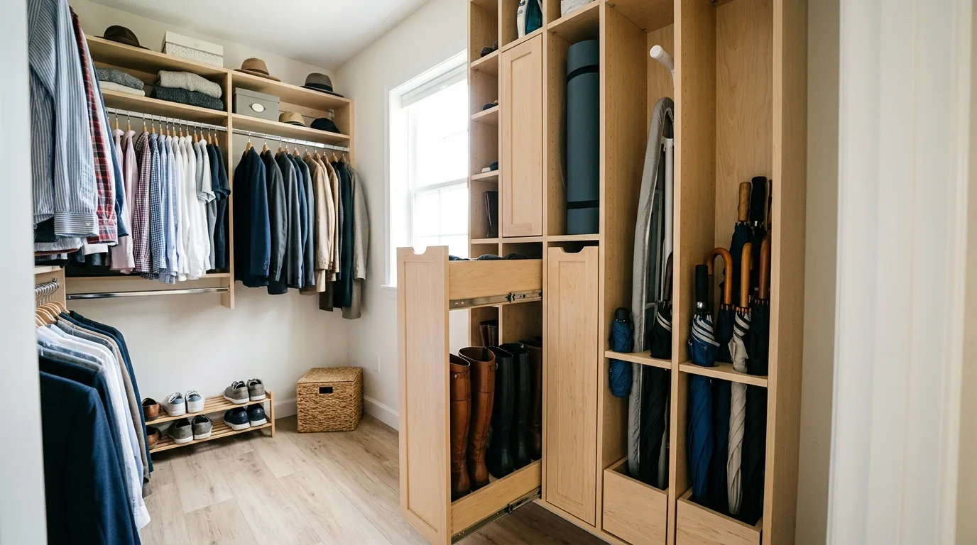 Use tall slim bins for awkward items for 13 Organized Entryway Closet Ideas for a Clutter-Free Home