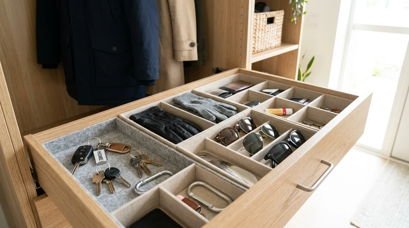 Organize small essentials in drawers for 13 Organized Entryway Closet Ideas for a Clutter-Free Home