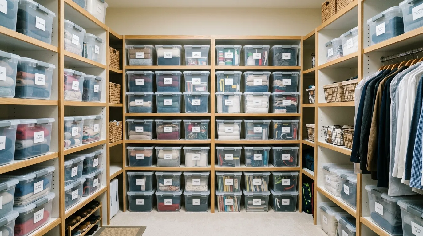 Switch to clear storage bins for 13 Organized Entryway Closet Ideas for a Clutter-Free Home