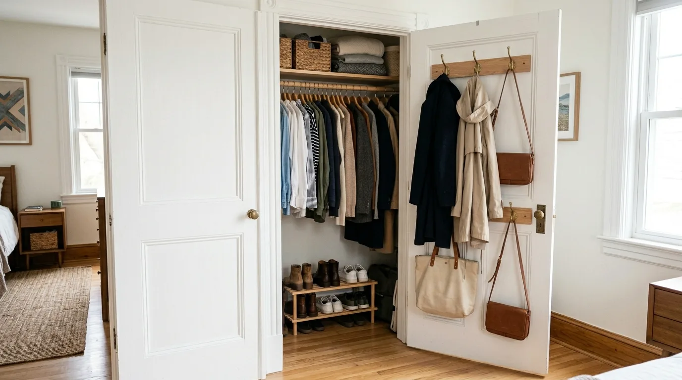 Add hooks to the closet door for 13 Organized Entryway Closet Ideas for a Clutter-Free Home