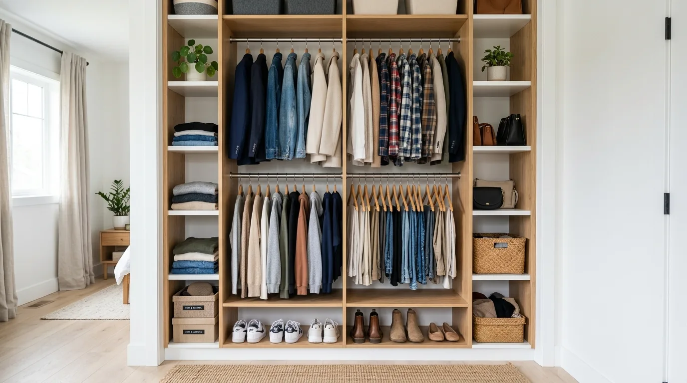 Use double rods when possible for 13 Organized Entryway Closet Ideas for a Clutter-Free Home