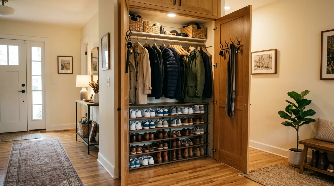 Use a dedicated shoe rack for 13 Organized Entryway Closet Ideas for a Clutter-Free Home