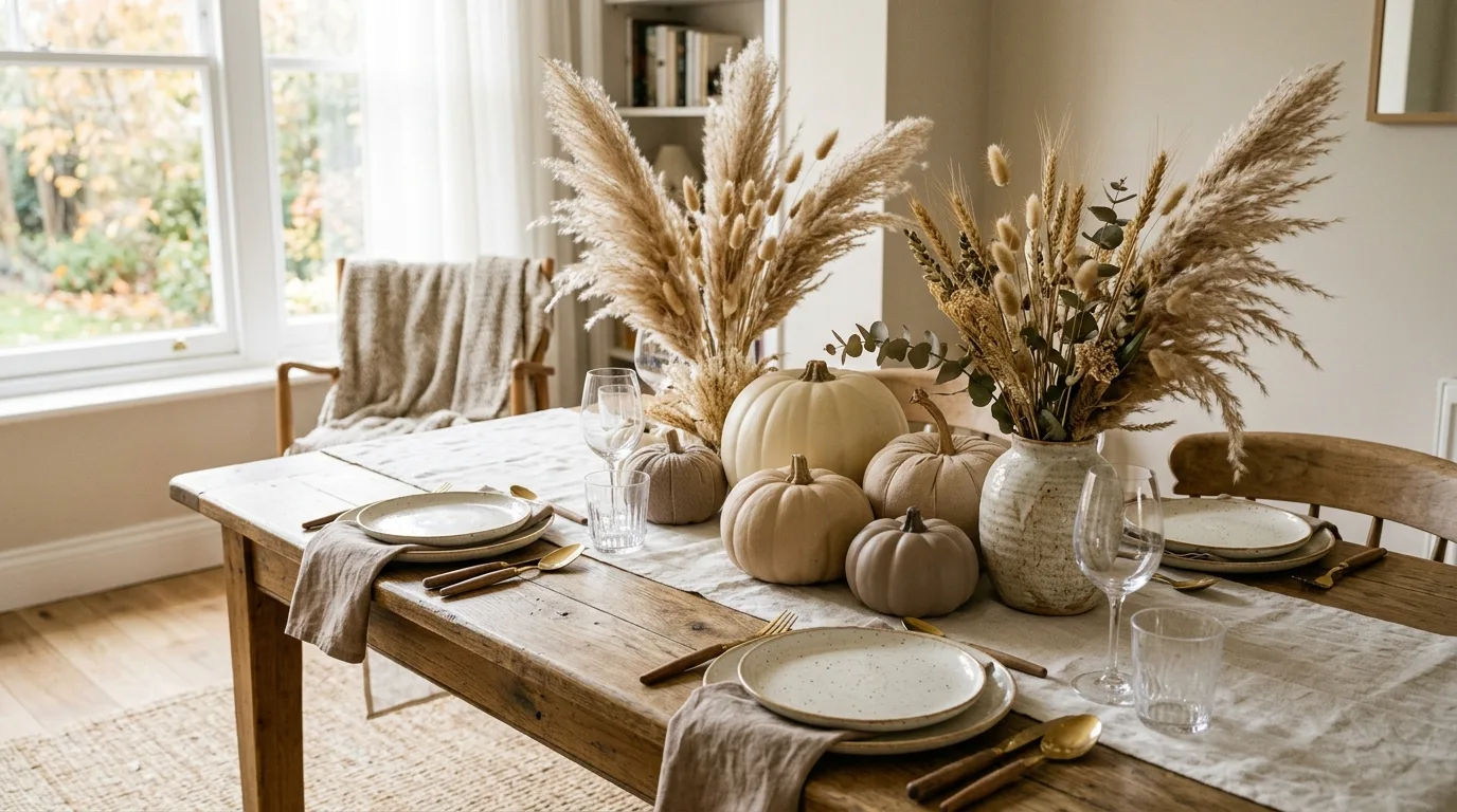 Mix ceramic and wood textures for 13 Stunning Fall Centerpieces for a Harvest Dining Table