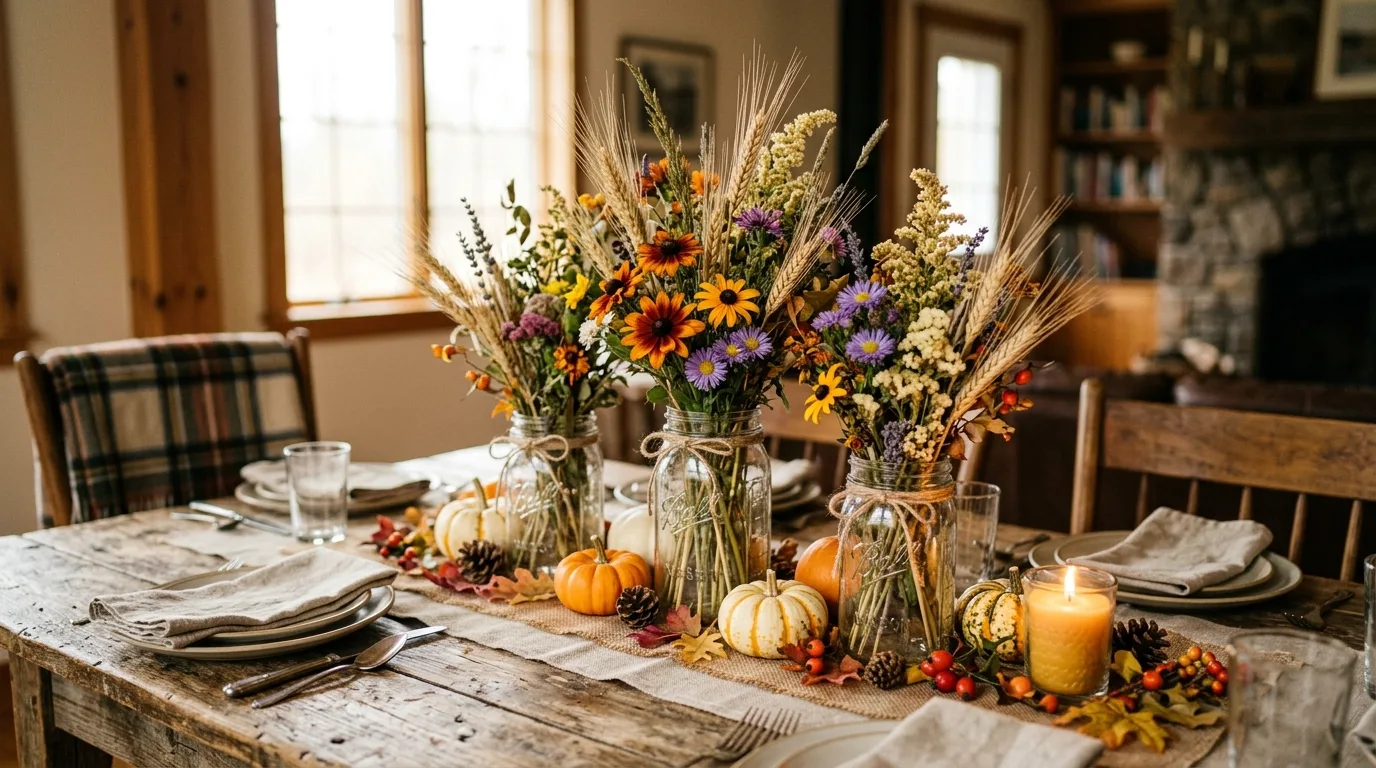 Use mixed-height candlesticks for 13 Stunning Fall Centerpieces for a Harvest Dining Table