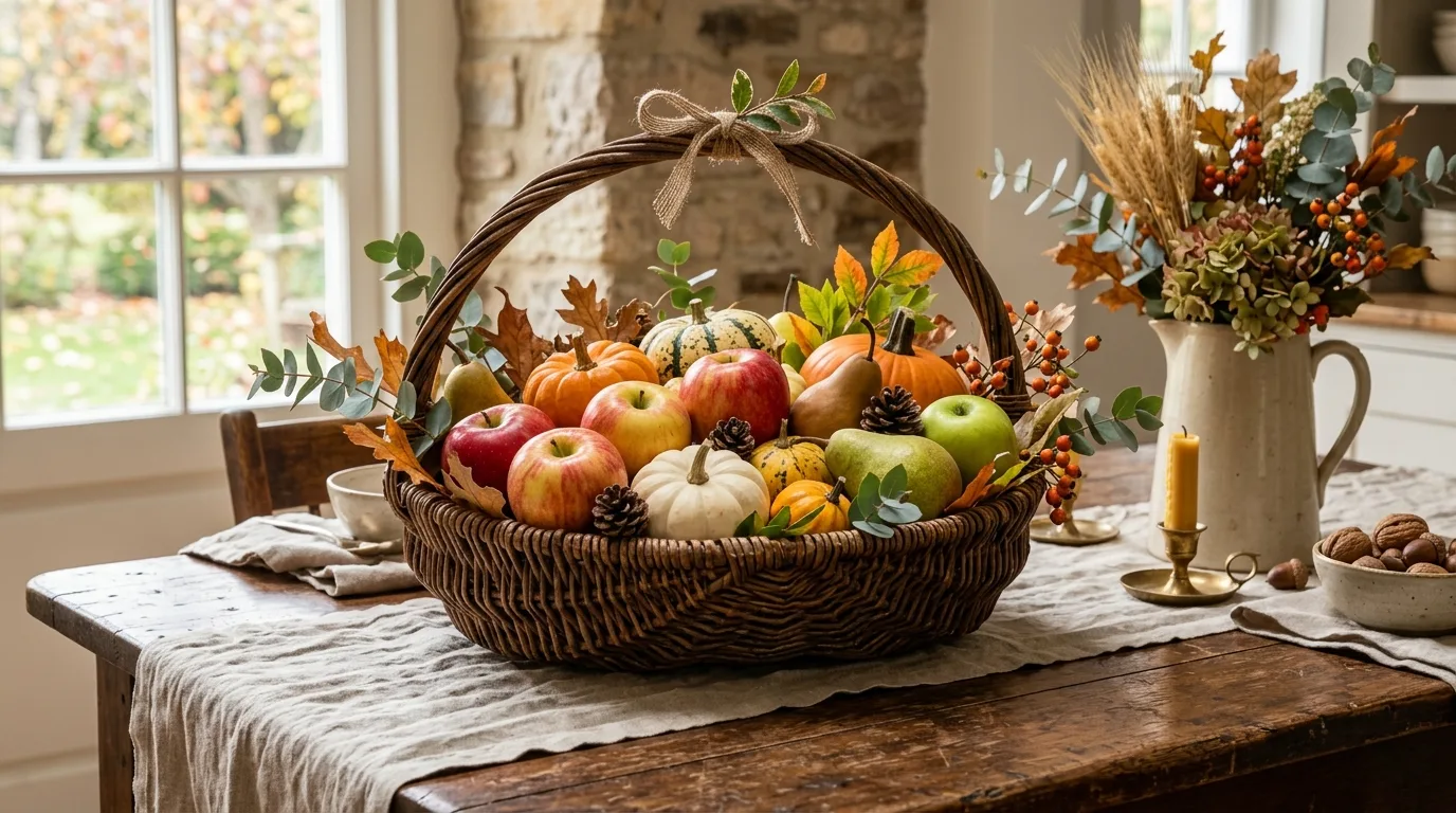 Include fruit for color and abundance for 13 Stunning Fall Centerpieces for a Harvest Dining Table