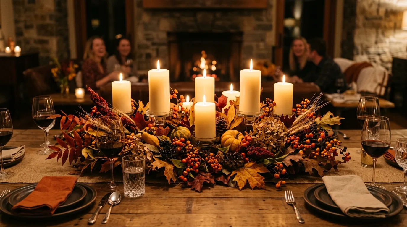Use a neutral fall palette for 13 Stunning Fall Centerpieces for a Harvest Dining Table
