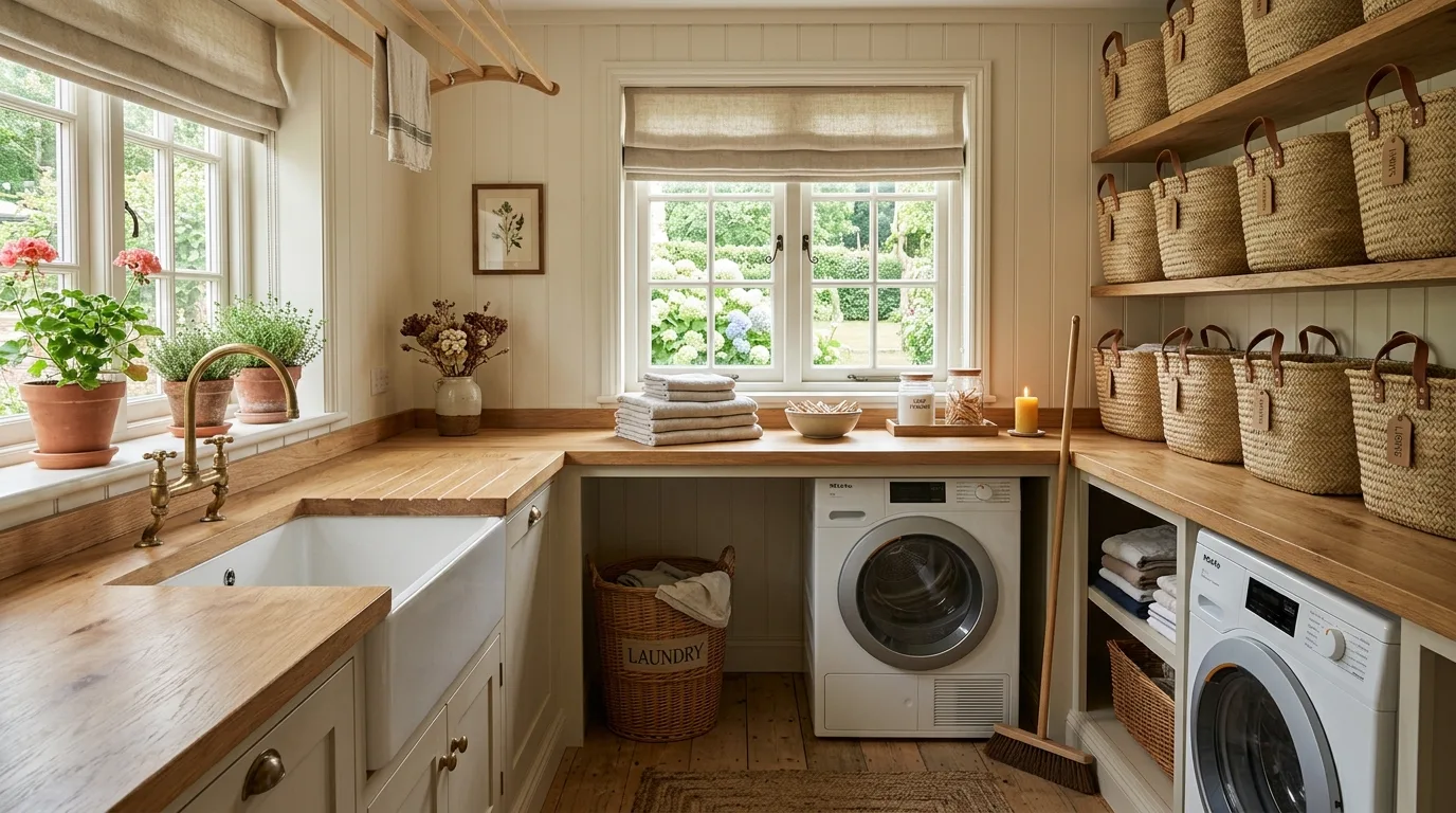 Use hooks for bags and extras for 12 Functional Farmhouse Laundry Room Ideas with Rustic Charm