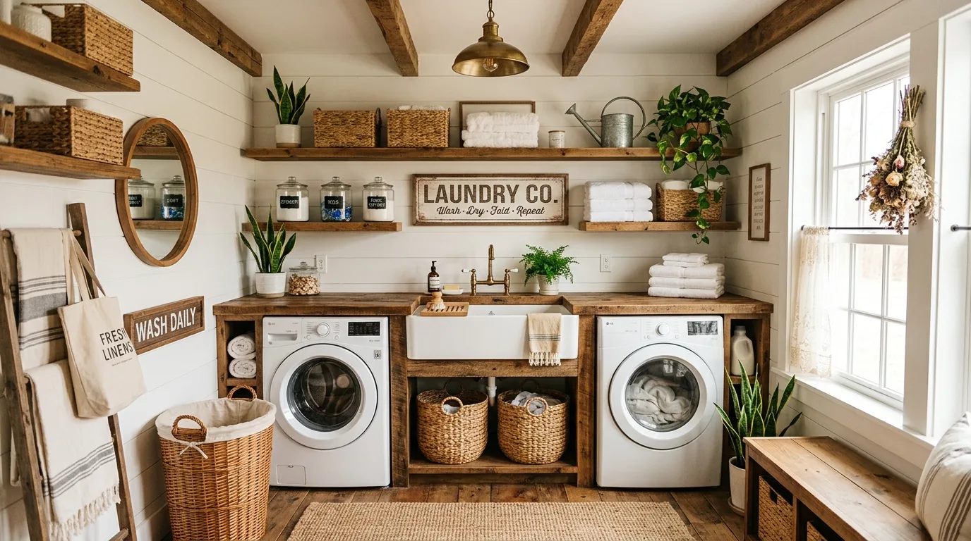 Make chores feel a little nicer for 12 Functional Farmhouse Laundry Room Ideas with Rustic Charm