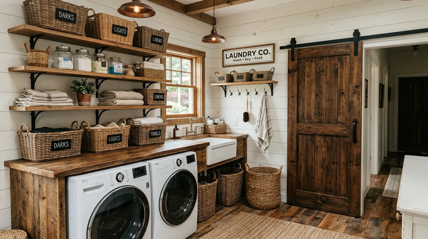 Add woven baskets for sorting for 12 Functional Farmhouse Laundry Room Ideas with Rustic Charm