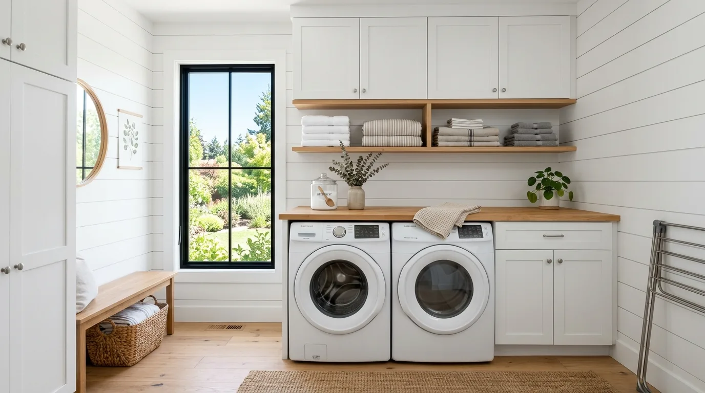 Use a countertop for folding for 12 Functional Farmhouse Laundry Room Ideas with Rustic Charm