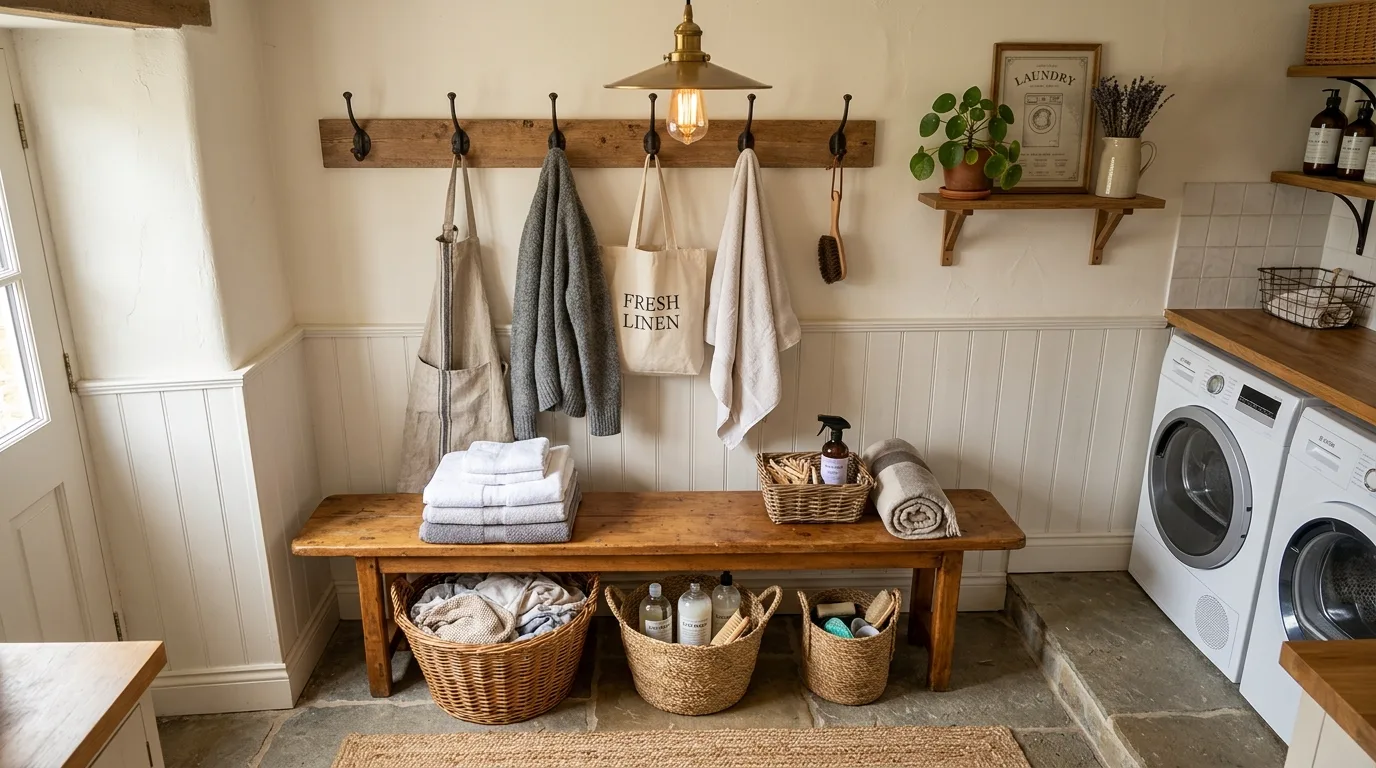 Try a drying rack or hanging bar for 12 Functional Farmhouse Laundry Room Ideas with Rustic Charm