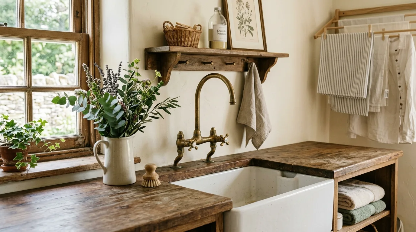 Bring in black metal accents for 12 Functional Farmhouse Laundry Room Ideas with Rustic Charm
