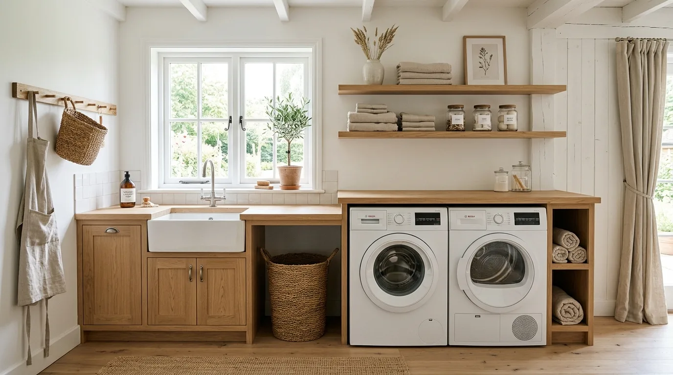 Add a sink if the layout allows for 12 Functional Farmhouse Laundry Room Ideas with Rustic Charm