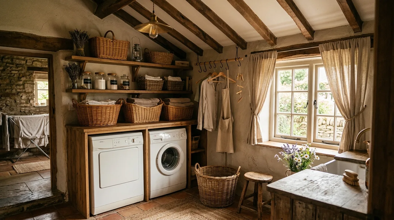 Use labels and jars for supplies for 12 Functional Farmhouse Laundry Room Ideas with Rustic Charm