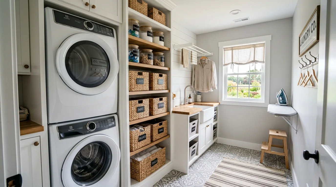 Include a rug or runner for softness for 12 Functional Farmhouse Laundry Room Ideas with Rustic Charm