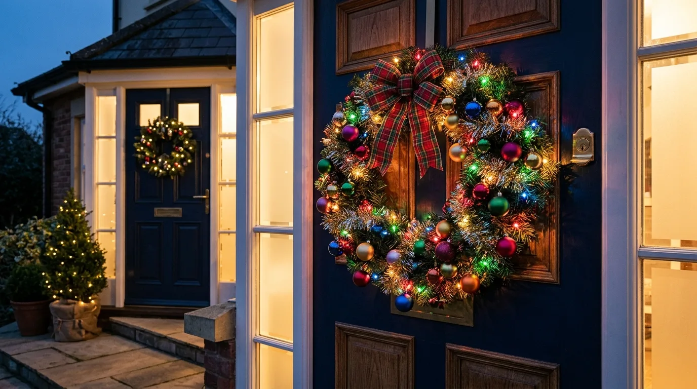 Use lights for evening glow for 11 Festive Christmas Wreath Decor Ideas for Front Door Cheer