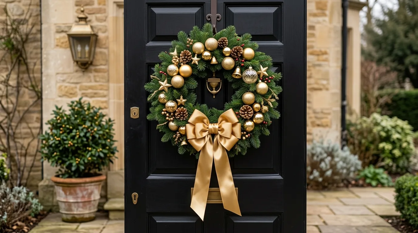 Keep ornaments focused and balanced for 11 Festive Christmas Wreath Decor Ideas for Front Door Cheer