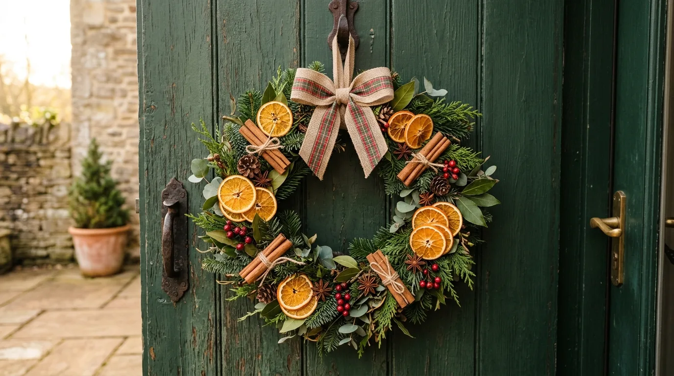 Consider asymmetrical styling for 11 Festive Christmas Wreath Decor Ideas for Front Door Cheer