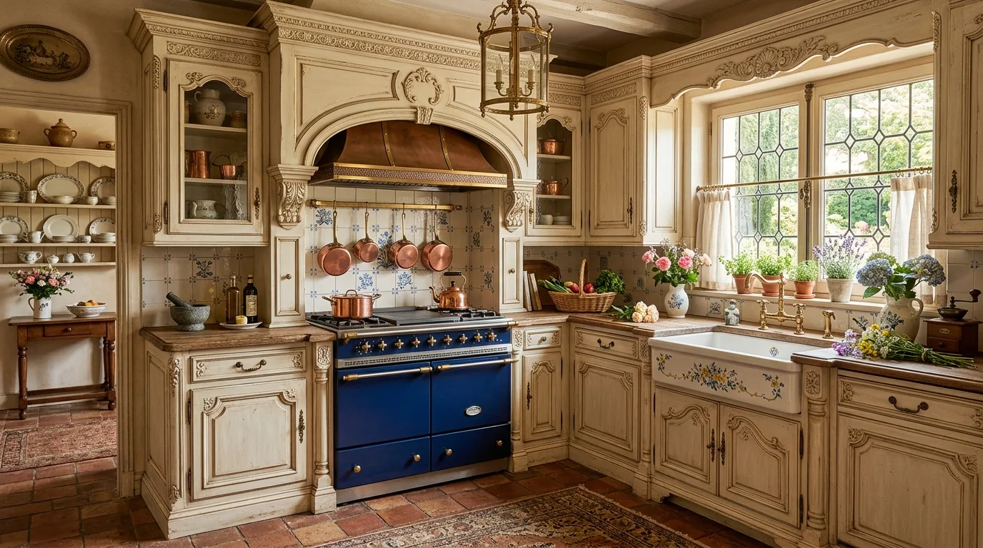 Display everyday pieces on rustic shelves for 10 Romantic French Style Kitchen Ideas for a Charming Cookspace