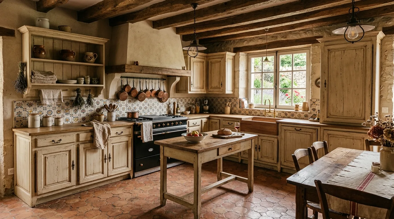 Use a farmhouse sink as an anchor for 10 Romantic French Style Kitchen Ideas for a Charming Cookspace