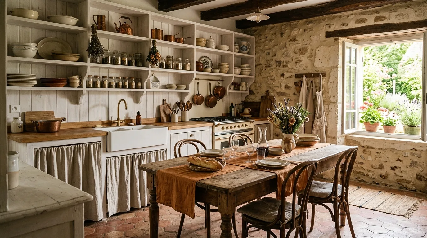 Mix distressed wood with cleaner finishes for 10 Romantic French Style Kitchen Ideas for a Charming Cookspace