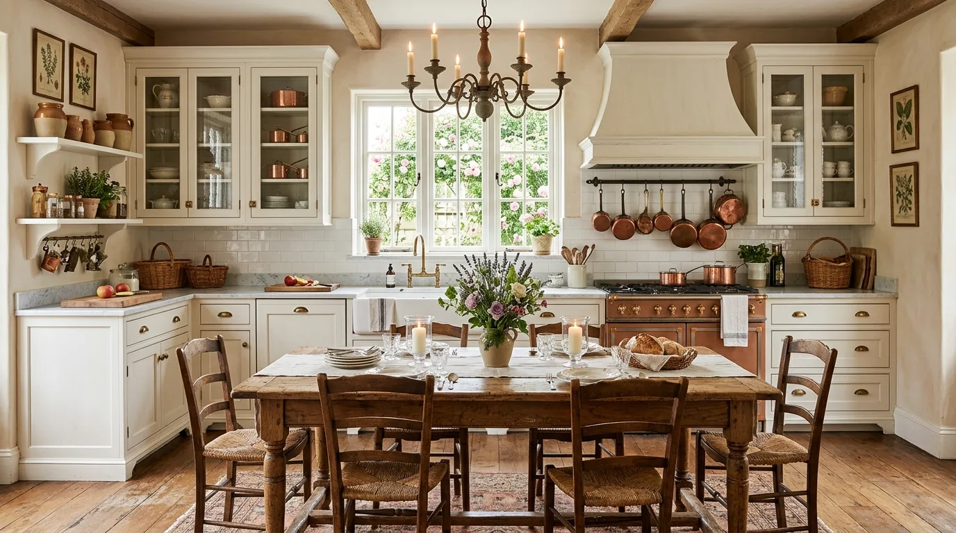 Use a large table to create warmth for 10 Romantic French Style Kitchen Ideas for a Charming Cookspace