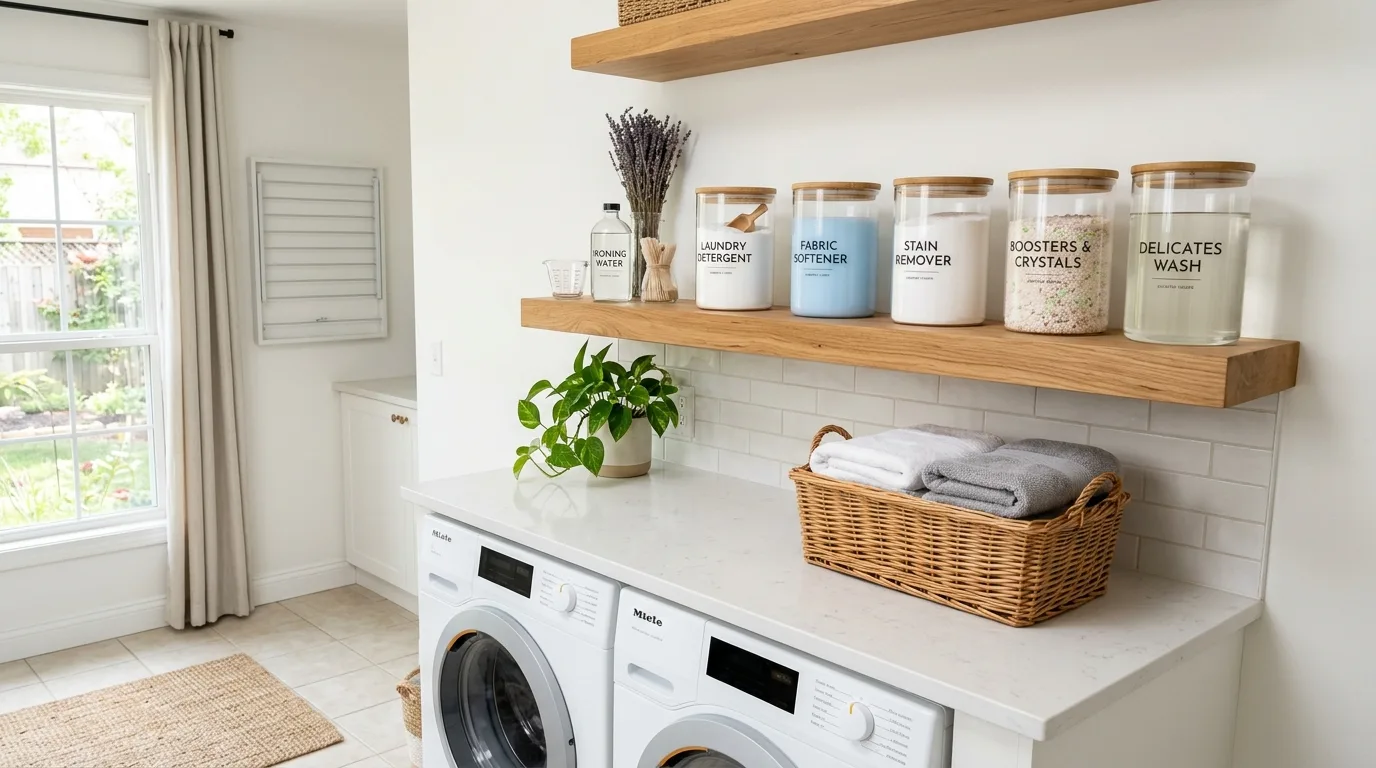 Make room for a bench or folding station for 13 Functional Farmhouse Laundry Room Ideas for a Hardworking Space