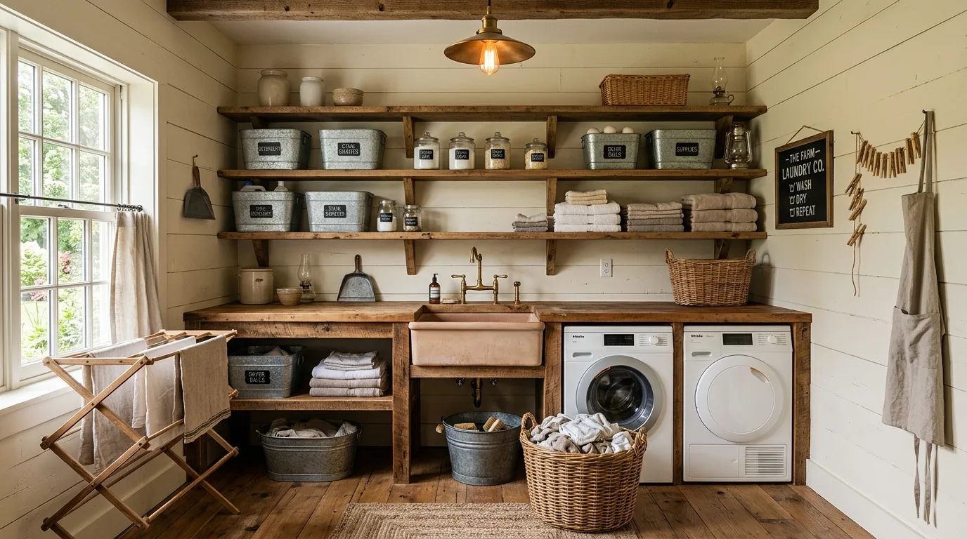 Repeat metal and wood tones thoughtfully for 13 Functional Farmhouse Laundry Room Ideas for a Hardworking Space