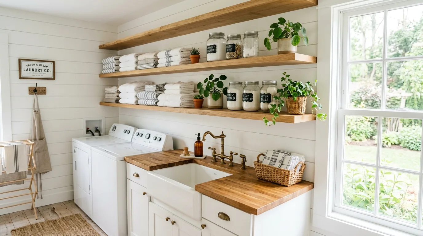 Use open shelves for everyday supplies for 13 Functional Farmhouse Laundry Room Ideas for a Hardworking Space