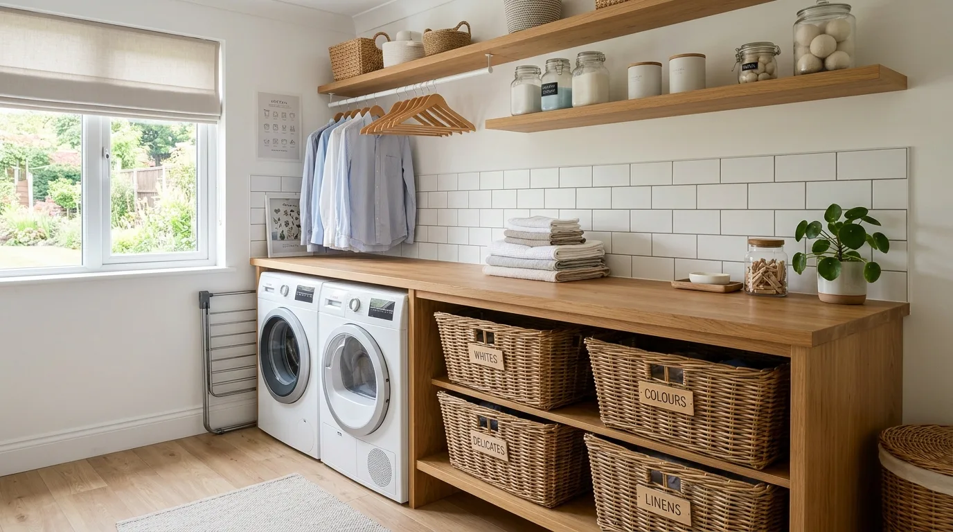 Install a wall-mounted drying rack for 13 Functional Farmhouse Laundry Room Ideas for a Hardworking Space
