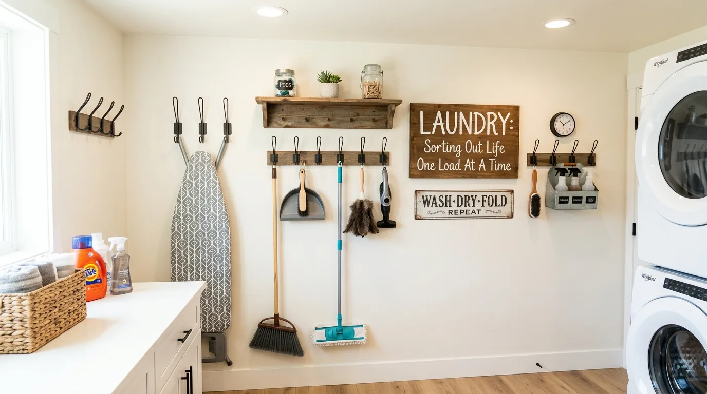 Add hooks for tools and hanging items for 13 Functional Farmhouse Laundry Room Ideas for a Hardworking Space
