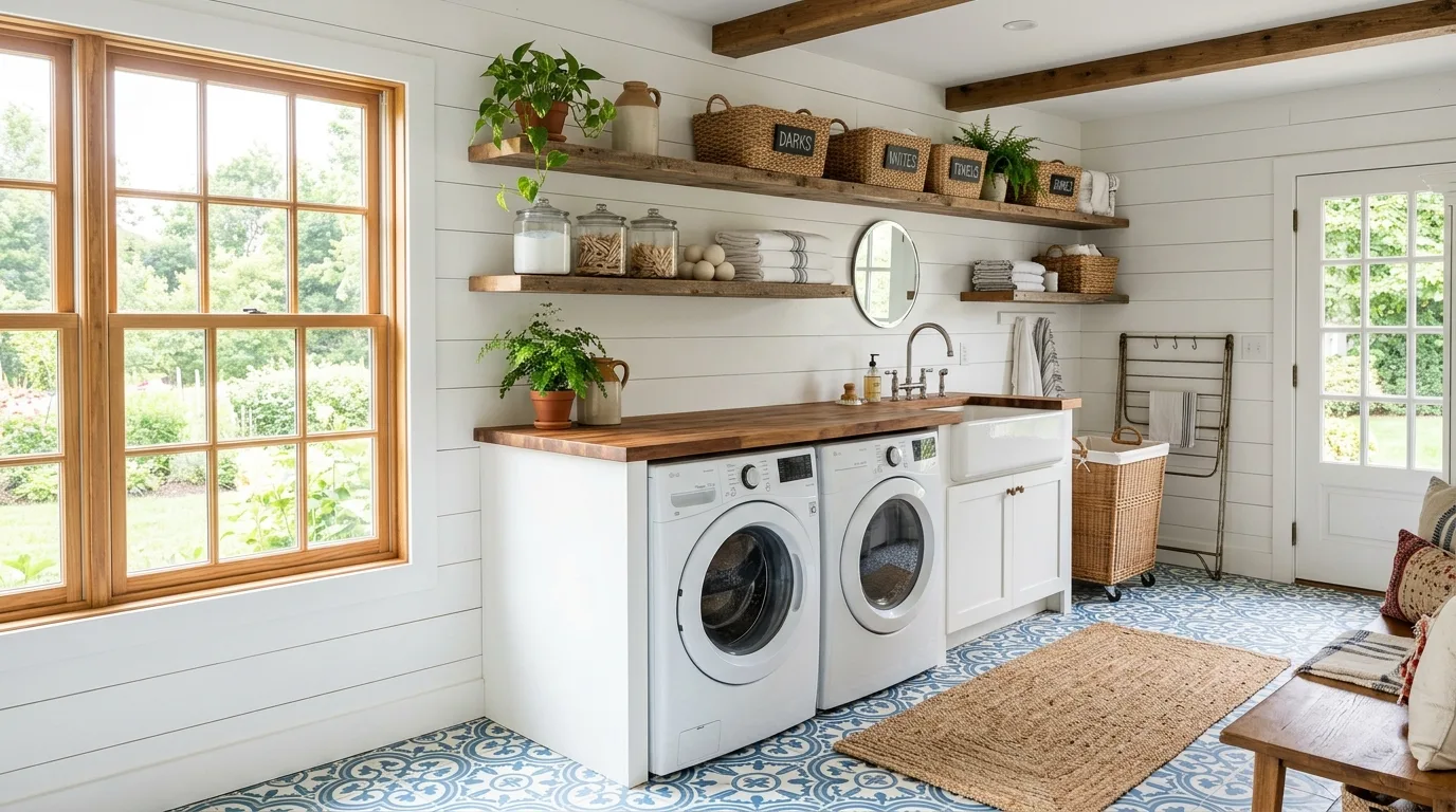 Keep detergent and supplies in matching containers for 13 Functional Farmhouse Laundry Room Ideas for a Hardworking Space