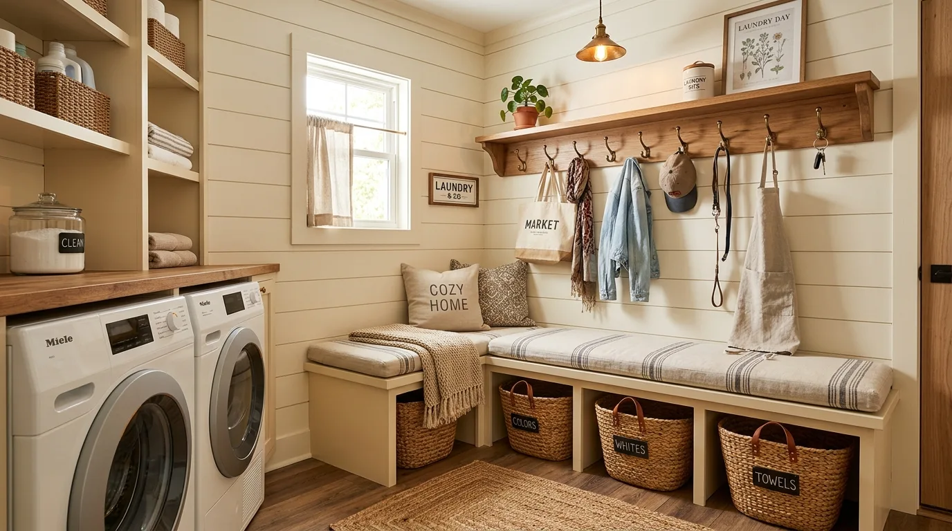 Use shiplap or simple wall texture for 13 Functional Farmhouse Laundry Room Ideas for a Hardworking Space