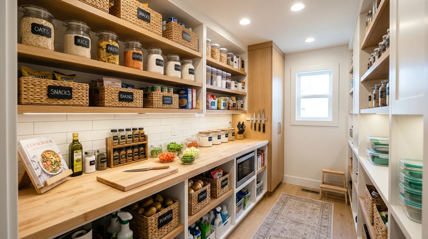 Use pull-outs or sliding baskets for 13 Functional Small Walk-In Pantry Ideas for Kitchen Organization