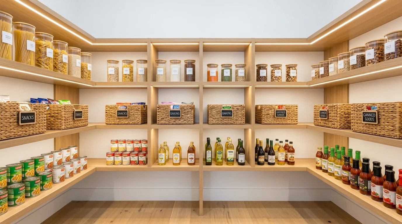 Keep one zone for overflow or backstock for 13 Functional Small Walk-In Pantry Ideas for Kitchen Organization