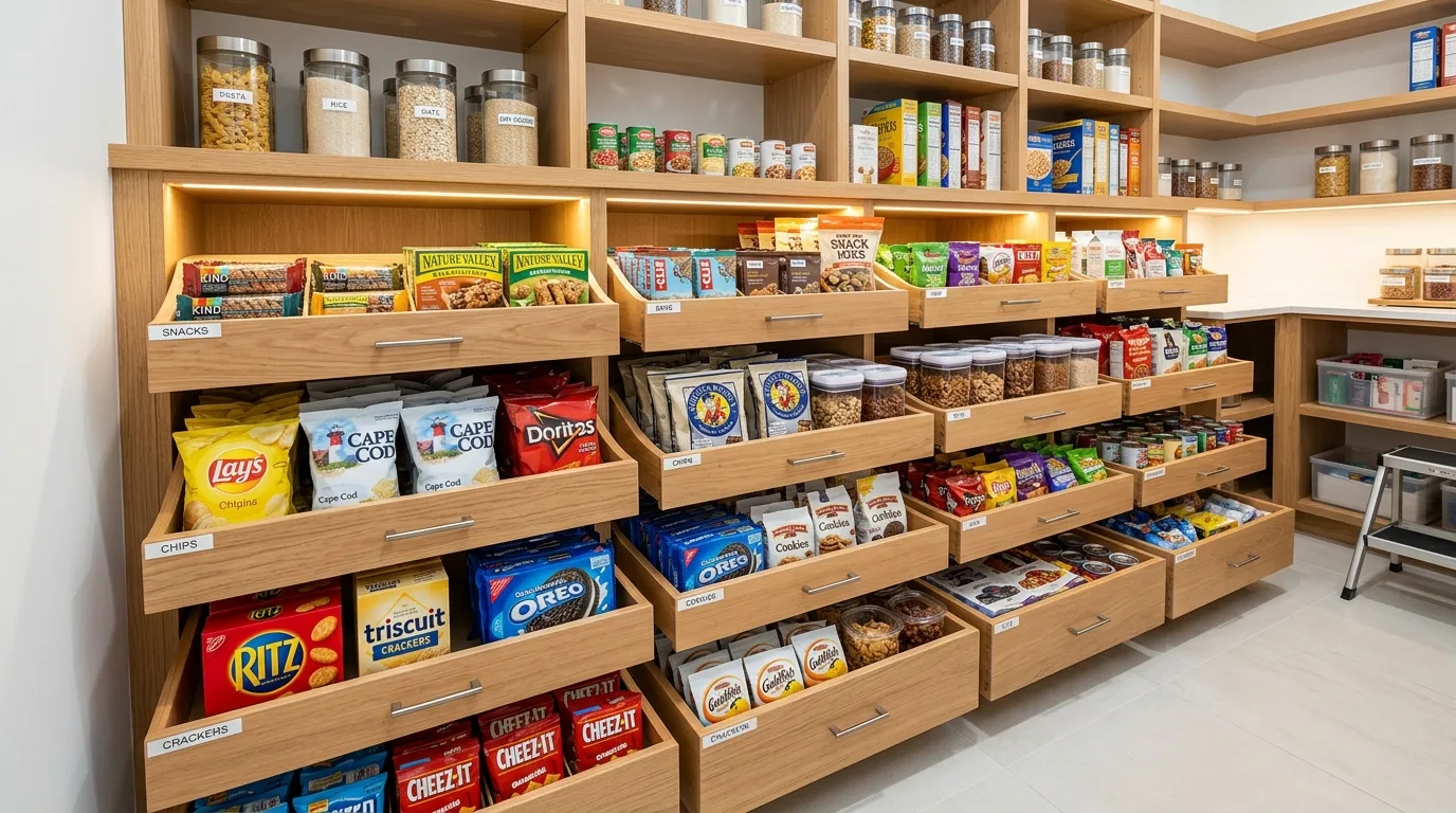 Use clear containers for everyday dry goods for 13 Functional Small Walk-In Pantry Ideas for Kitchen Organization