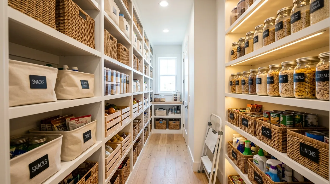Label bins and shelves clearly for 13 Functional Small Walk-In Pantry Ideas for Kitchen Organization