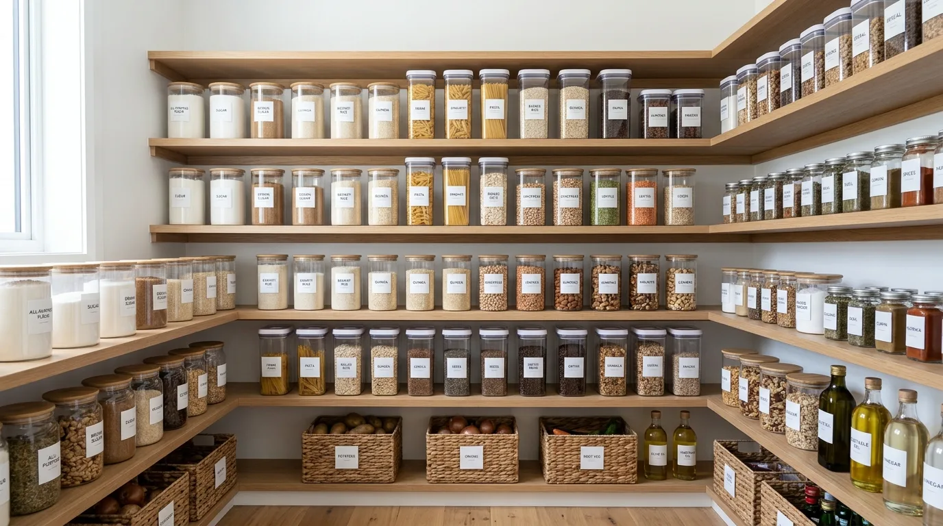 Use risers for cans and jars for 13 Functional Small Walk-In Pantry Ideas for Kitchen Organization